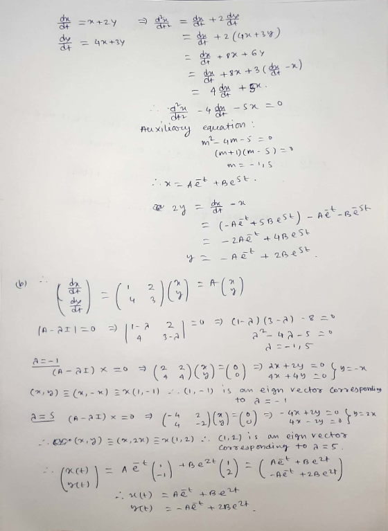 dt dy = 4x+3Y =* + 2 (4x +3y) + 8X + 6 Y +8x +3 ( -x) = 4 d +g. -4 Auxiliay equation: m- 4m - S =D0 (m+1)(m - S) = D .x=dēt