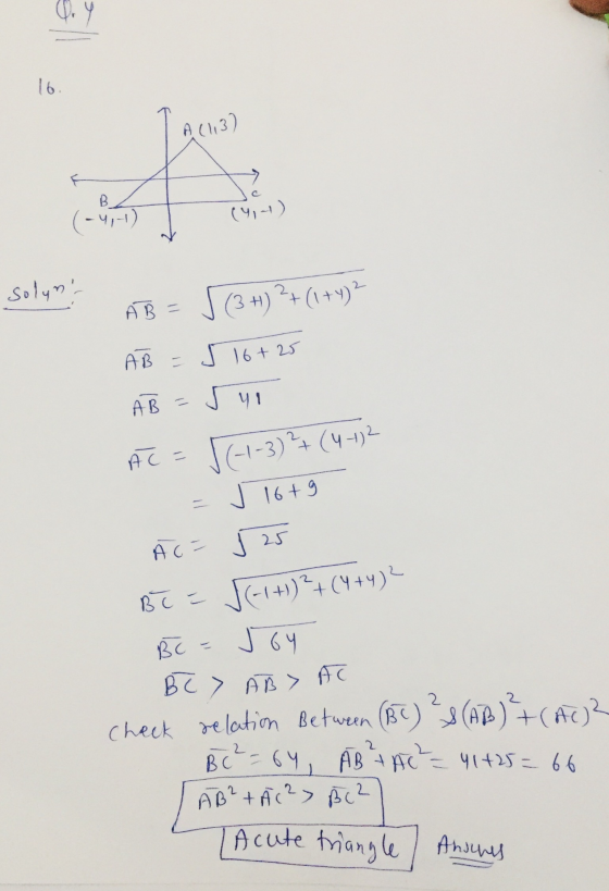 Q. y 16. A(113) B. (-4,-) (4,-1) solymi A B = S(36) 2+(1+y)? AB = 5 16+25 Sul A B = AC = √(-1-3)²+ (4-432 J 16+9 25 Ác = Be =
