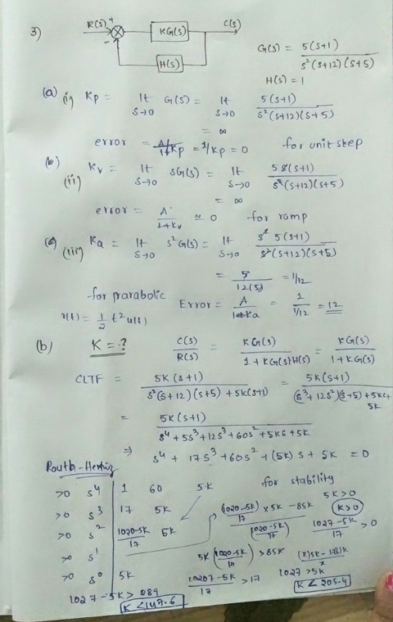 3) Hts) s(st12) (S5) _11 Kp = o for unit step 的 o0 12 ult) c(s) RCS) SK (s tI) 2 rG(s) CLTF 5K (st) 5kfor stabrlity | 1020外