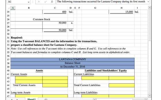 VX fe The following transactions occurred for Lantana Company during its first month v D E F 400 bal 15,000 bal 24 25 26 27 28 29 30 31 Required: 32 Using the T-account BALANCES and the information in the transactions, 33 prepare a classified balance sheet for Lantana Company. 34 Note: Use cell references to the T-account titles to complete columns B and G. Use cell references to the 35 T-account balances and formulas to complete columns C and H. List long-term assets in alphabetical order. Common Stock 50,000 a 50,000 bal 36 37 38 39 40 41 Current Assets 42 43 44 Total Current Assets 45 46 Long-term Assets 47 LANTANA COMPANY Balance Sheet At December 31,2016 Assets Liabilities and Stockholders Equitv Current Liabilities Total Current Liabilities Long-term Liabilities Sheet