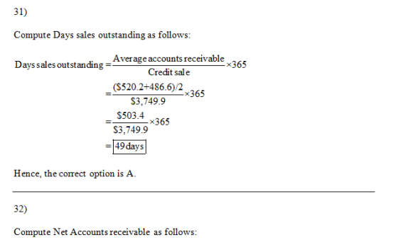 31) Compute Days sales outstanding as follows: Average accounts receivable Days sales outstanding =- Credit sal e ($520.2+486