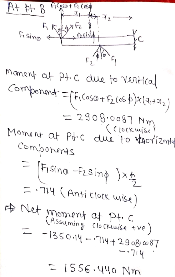 At pt. B Ficaso + Fi (oso KhY27 - Frolante fisino e nsing moment at Ptic due to vertical component officos@+ F2 Cos b)x(43+37