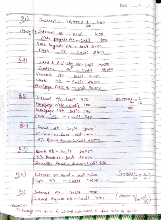 Date: 2 Interext - 10,0TDX 4 00... 100 1 Julylity Interest Ac - Debit 40o... Note payable ALC Credit 100 Note Payable Alcaseb