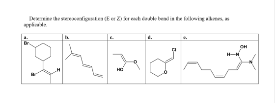 Determine the stereoconfiguration (E or Z) for each double bond in the following alkenes, as applicable b. d. a. Br C. он CI