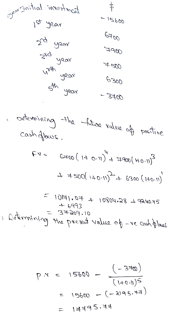 near Initial investment ist year -15600 6700 2nd year 4900 ১d ... year +500 with year 6300 5th year - 3400 . Determining the
