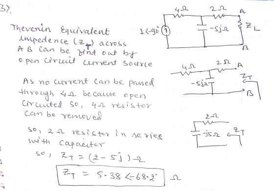 37. 42 22 А. N L 1<-98 -sir Thevenin Equivalent impedence (zu) across A B can be vind out by open circuit current source 2r i