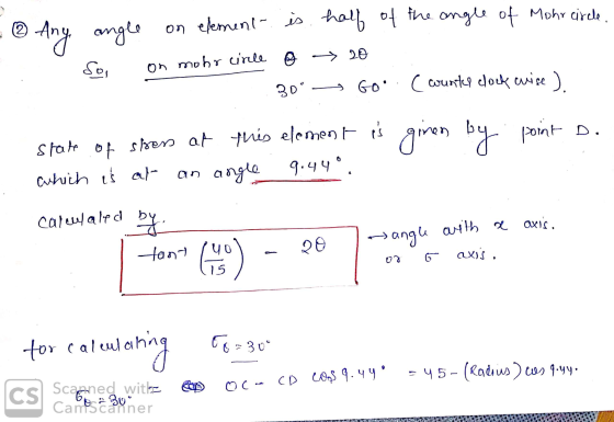 - ® Any angle on element is half of the angle of Mohr circle. so on moho cirle o → 20 80° Go Counter clock wise ) State of s