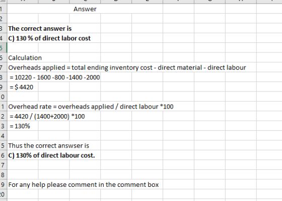 Answer 10 3 4 The correct answer is C) 130 % of direct labor cost 5 Calculation 7 Overheads applied = total ending inventory