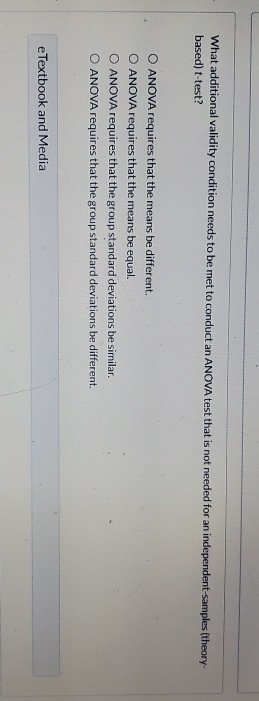 What additional validity condition needs to be met to conduct an ANOVA test that is not needed for an independent samples (th