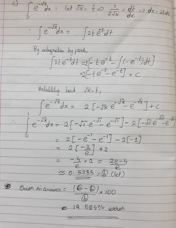 e dx e let 5c = t = of doc dx= 2x atot Sx doc fe fat etdt By integration by parts, f26e-137=2610fre + c To to substituting ba