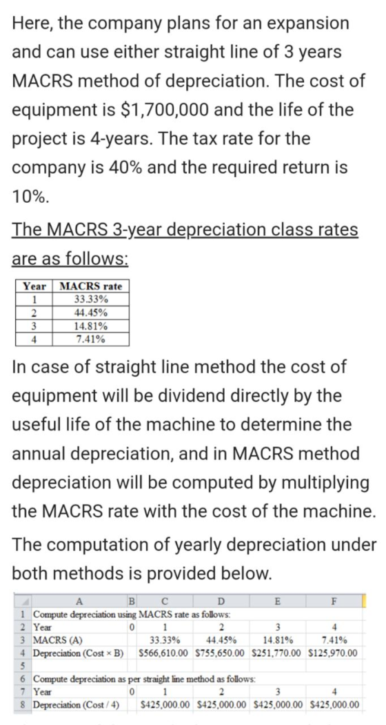 Here, the company plans for an expansion and can use either straight line of 3 years MACRS method of depreciation. The cost o