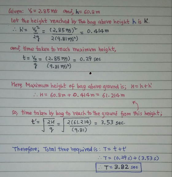 Given: V=2.85mys and, h= 60.8m let the height reached by the bag above height his k. h= V² = (2,85 m/s) 2 = 0.414m. 29 269.8