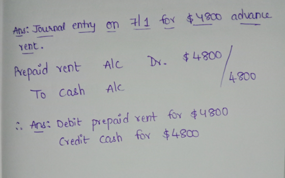 Ans: Journal entry on 711 for $4800 advance yent. Alc Dr. $ 4800 Prepaid rent To cash 4800 Al C: Ans: Debit prepaid vent for