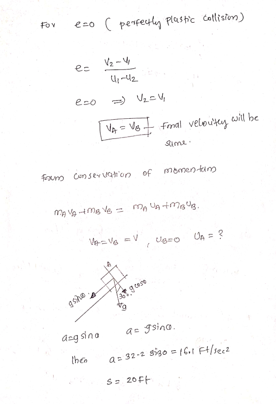 Fov eco ( perfectly plastic collision) ес V2 - 4 41-42 U₂=V eco VA = VB fmal veloutly will be sume of momentum Form Conserua