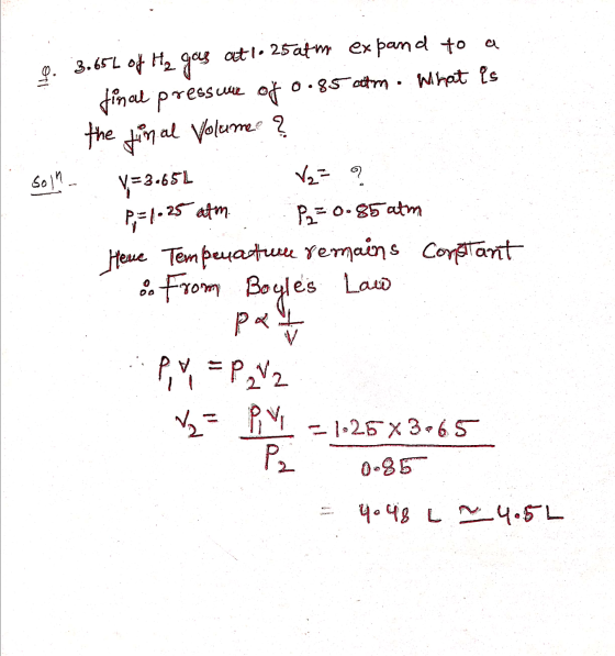 9. 3.656 of H₂ gas atl. 25 atm expand to a final pressure of 0.85 atm . What is the final Volume ? 501- V=3.651 V 2 = ? p=10