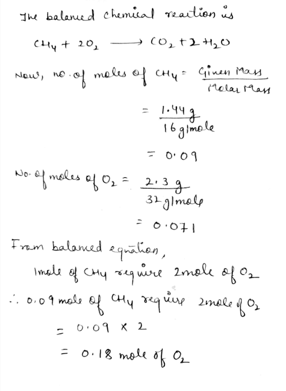 The balanced chemical reaction is CHy + 20, 60, 72 H2O now, no. of males of cry - Ginen mass - Molar Mass = 1.449 To gimole 5