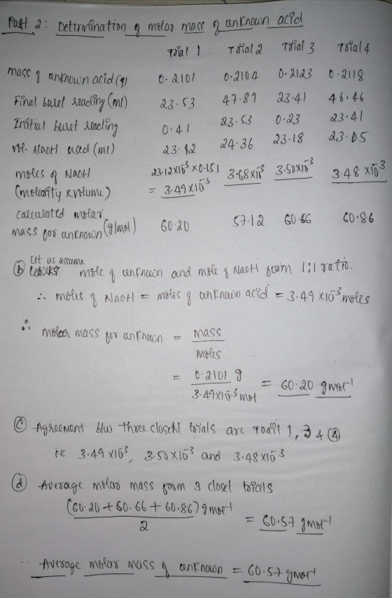 23.18 23.12 24.36 Part 2: Detimination o melas mase 2 een known acya prial I Trial 2 Trial 3 Trial & mass of anknown acido 0.