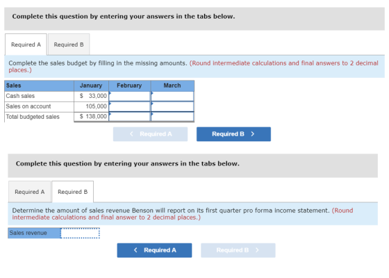 Complete this question by entering your answers in the tabs below. Required A Required B Complete the sales budget by filling