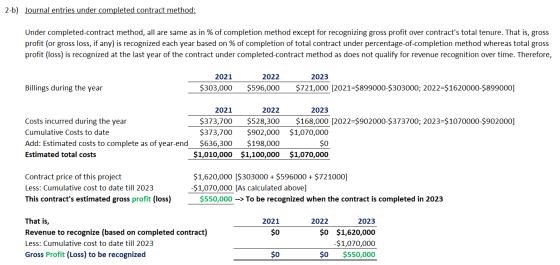 2-b) Journal entries under completed contract method: Under completed-contract method, all are same as in % of completion met