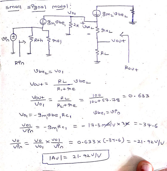 small signal model: . .... Gion I amobe, 25 1. vor O gm überp a obe 82k uber & siez % L -voot . . mto SRL Rin Root Ubez= VOI
