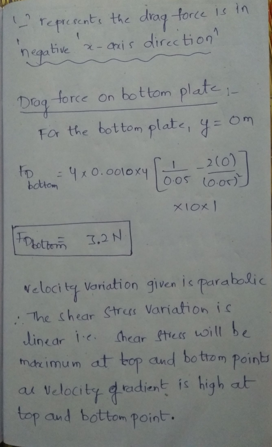 1 I represents the drag force is in x-axis direction negative 1- om Drag force on bottom plate For the bottom plate, y= = 4x0