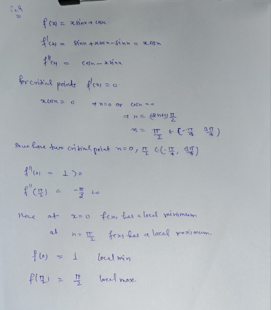 Nuo f(x) = xsine cost f(x) = sinn tolon-sinn = alon f con Posna xsinn for critical points points fleei zo xona o an=o or Co