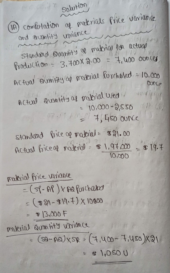 solution 11 computation of materials Price variance and Quantity variance ram Standard Quantity of materia for actual Product