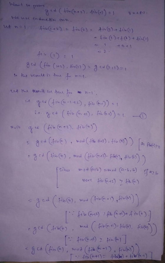 prove ged (tib (2+2), fib (m) 21 We use induction onn. ut n=1 fib(1+2) = fin (3) tin (2) etib (1) fib (1) + f (0) - tin(1) 1