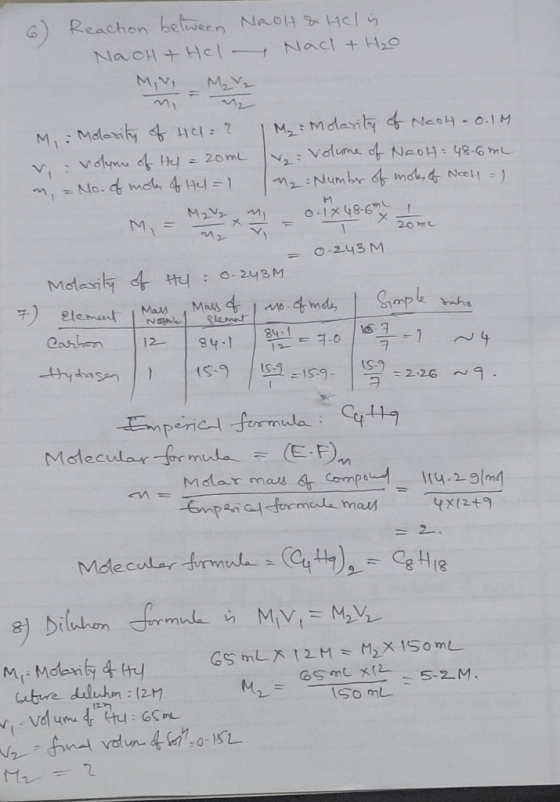6) Reaction between Naot & Hcl is NaOH + Hol Nach + H₂O Miv _ M₂ V2 M, - n n - M: olasity of H = ? 1 M₂ : Molarity of Nooth =