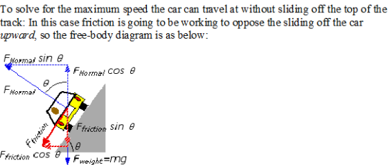To solve for the maximum speed the car can travel at without sliding off the top of the track: In this case friction is going