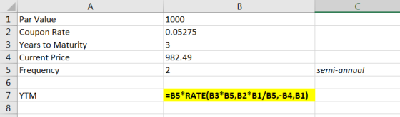 1000 0.05275 1 Par Value 2 Coupon Rate 3 Years to Maturity 4 Current Price 5 Frequency 6 7 YTM 982.49 semi-annual =B5*RATE(B3