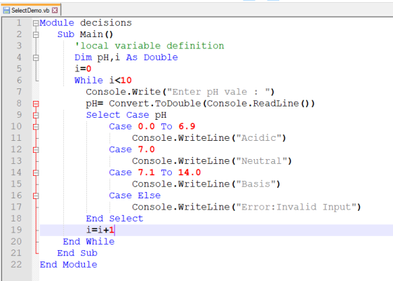Select Demo.vb X 1 2 3 4 5 6 7 8 9 10 11 12 13 14. 15 16 17 18 19 20 21 22 로 보 EModule decisions Sub Main() local variable d