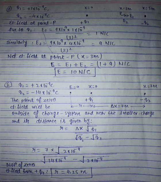 XO x=3m x=5m Pax Ei +q, ,ا۔ EL 0 q = +1x10°C, q=-4x10°C. El field at point-P E₂ que to a 9x109 x 18109 TNT (3) 2 similarly E2