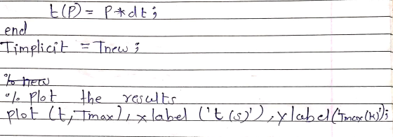 P*dt to end Timplicit و بیامTn trew lo plot the results Plot (ty Tmax Luxlabel (t ()y label compor (ks);
