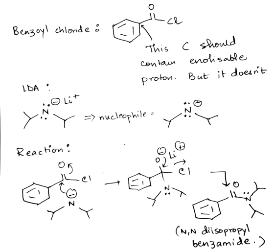 ce Benzoyl chloride : This c should contain enolisable proton. But it doesnt LDA, Lit iz; iz: => nucleophile Reaction : Og L