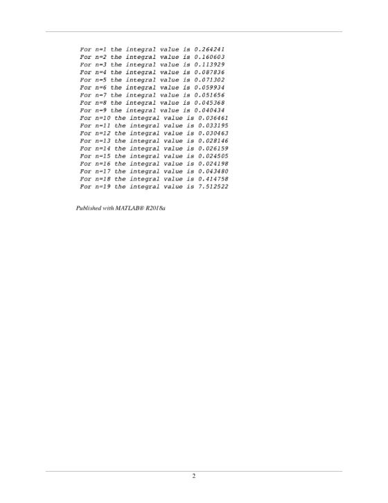 For n=1 the integral value is 0.264241 For n=2 the integral value is 0.160603 For n=3 the integral value is 0.113929 For n=4