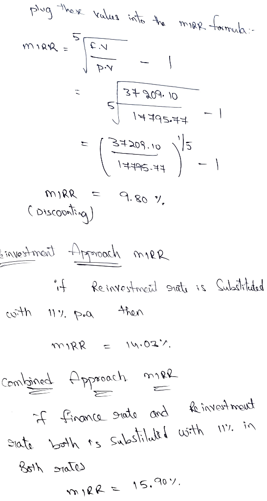 plug those rukes into the moor formula: MIRR = J DY - 37 209.10 37209.10 14795.77 -1 = (34209.10 V5 ( 14495-44 - MIRR = 9.80