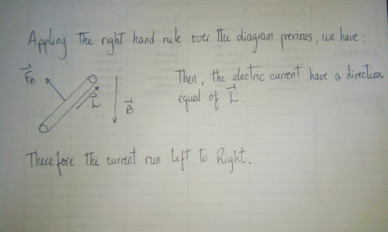 F Appling the right hand rule over the diagram proines , we have : Then, the electric current have a direction equal of I B T