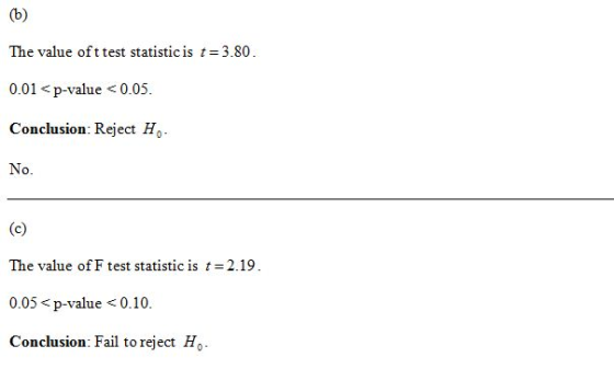 (b) The value oft test statistic is t3.80 0.01 p-value < 0.05 Conclusion: Reject Ho No. (c) The value of F test statistic is