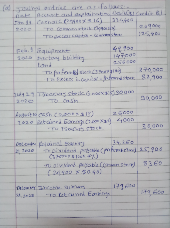 (a) Tournal entries are as follows in Toate Account and explaination Debit(a) koedit ) Jan. 41 Cashall (20,900X $16) 334,400