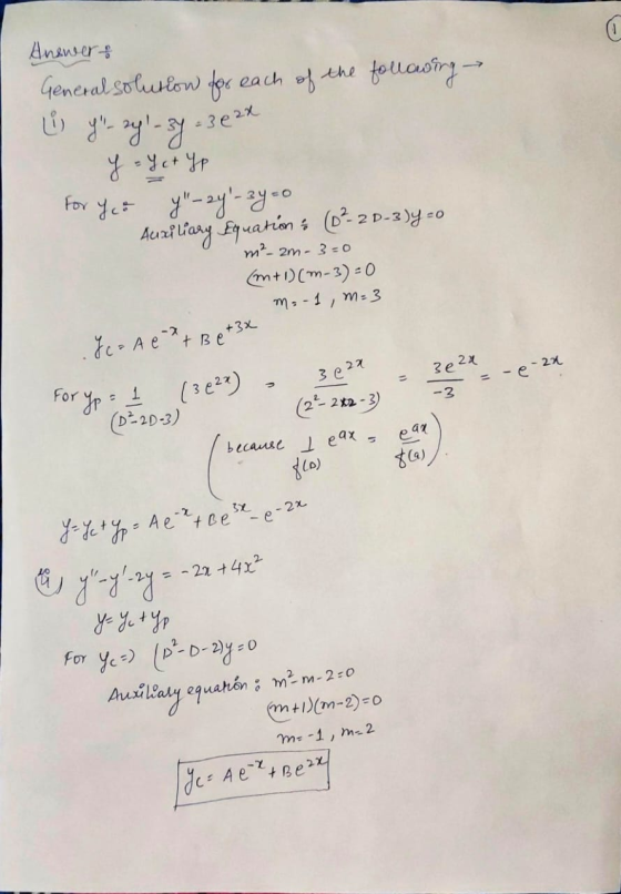 a Answert General solution for each of the following i y - 24 - 37 = 3 e 2x For Yeo yu-ay - 3y=0 Auxiliary Equations (CP-2