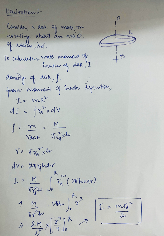 Denivation & a disk كل Consider, mass, m notating about an aniso of radius, ind. To calculate mass moment of Eventia of disk,