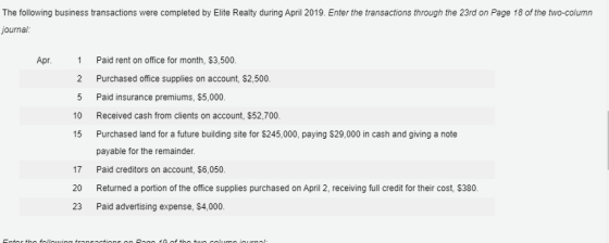 The following business transactions were completed by Elite Realty during April 2019. Enter the transactions through the 23rd