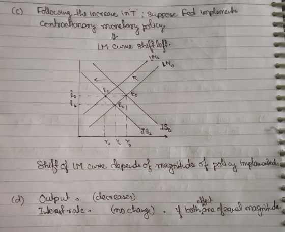int ; suppose fed implements (c) Follocoing the increase contrachonory monelenry policy LM curne shift left. t LM E2 lo Eo EL