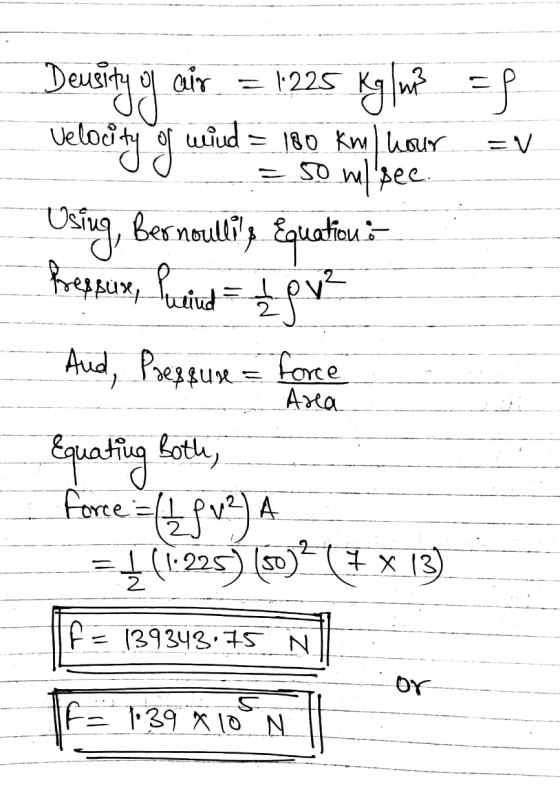1.225 Density of air Kgl w? =f - 1/ wind = 180 km/hour = 50 mlibee Velocity of Using, Bernoullis Equation : Pressux, fried -