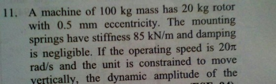11. A machine of 100 kg mass has 20 kg rotor with 0.5 mm eccentricity. The mounting springs have stiffness 85 kN/m and damping is negligible. If the operating speed is 20T rad/s and the unit is constrained to move yertically, the dynamic amplitude of the
