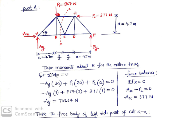 R 867 N Post A Ph377 N a= 4.1 m Ae Ay a=4.1m 4 a=4.7m Take moment about E fon tk entive tnus S+EME o Ay (3a) (2a) + f2 (a) o