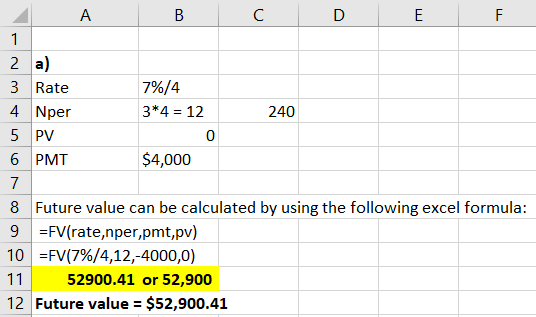 - A B C D E F 1 2 a) 3 Rate 7%/4 4 Nper 3*4 = 12 240 5 PV 6 PMT $4,000 7 8 Future value can be calculated by using the follow