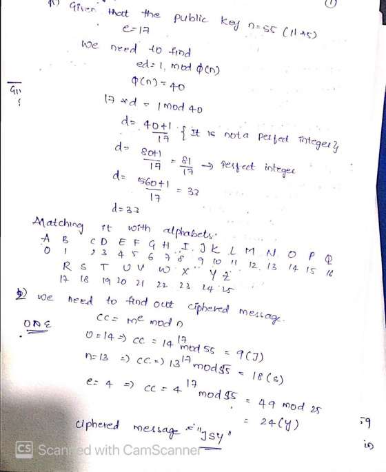 Given that the e-17 public key n=55 C11A5) 8.(n) = 40 GI 40 { it is not a perfect integery - Perfect integee d= 560+ 1 33 --)
