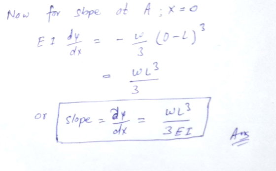 Now for slope at A ; X=0 3 El dy ( 2 تا - dx 3 to 3 3 ay 3 لا Or slope - 31 **